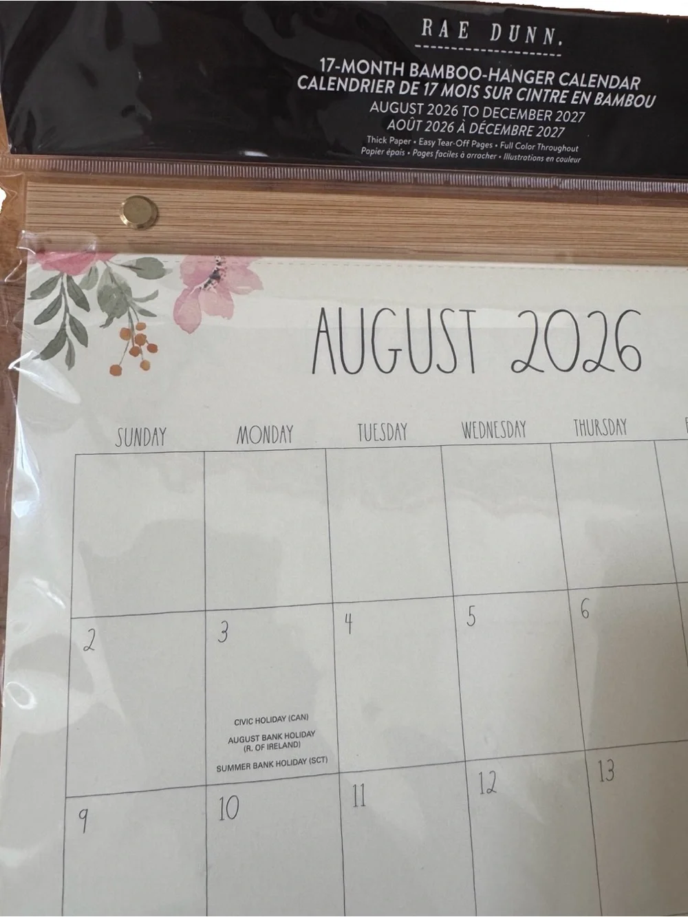 Rae Dunn Calendar 17-month 2027 Bamboo Hanger Calendar Flowers Design 13x10”